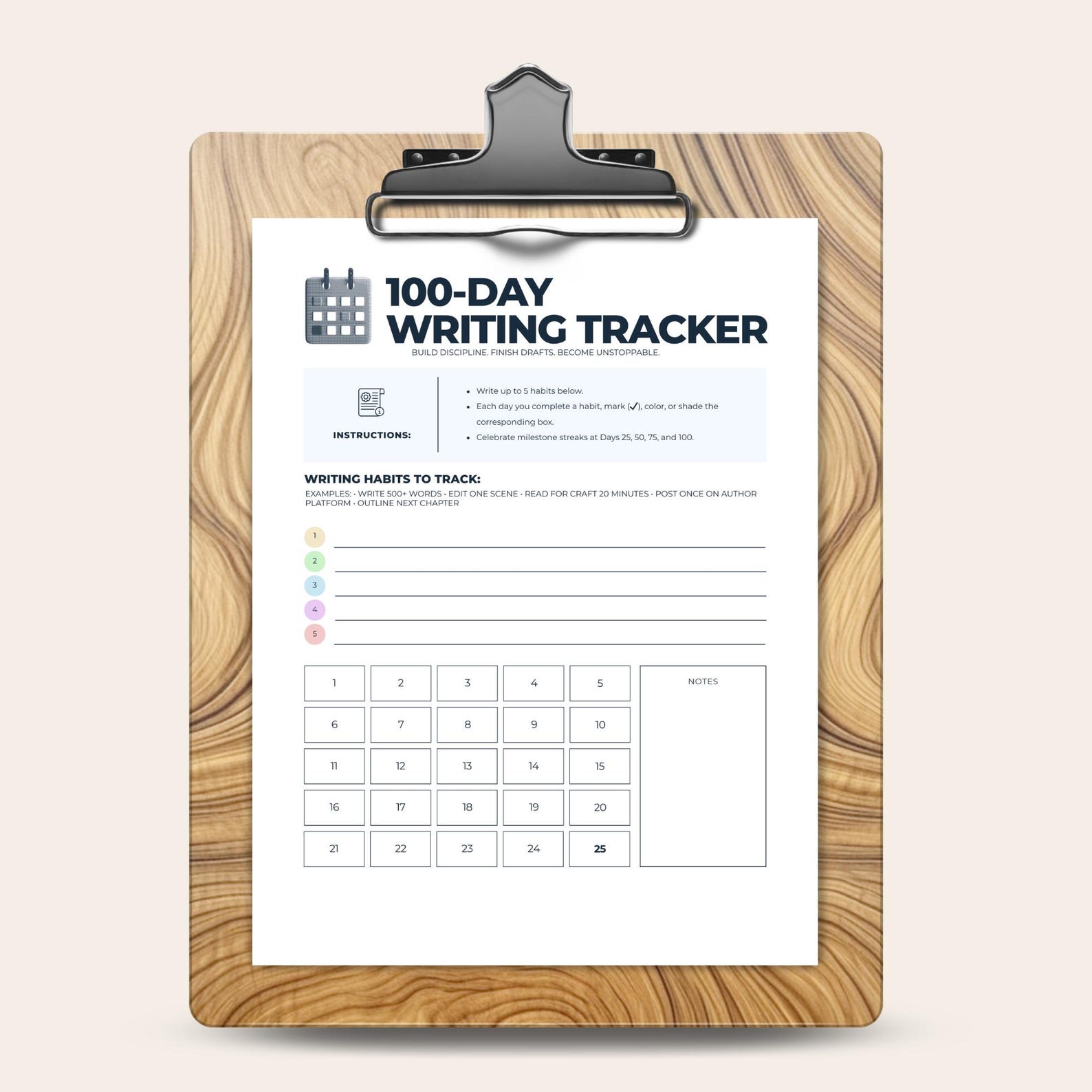 100 Day Writing Habits Tracker Printable, Goal Tracker for Authors ...