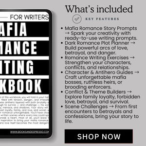 May include: A digital workbook titled "Mafia Romance Writing Workbook" displayed on a tablet. The image includes key features such as story prompts, plot planners, writing exercises, and character guides. The text also includes "Shop Now".