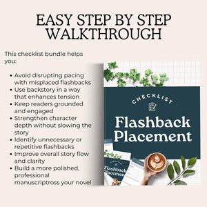 K&ouml;nnte beinhalten: Ein Checklisten-Paket mit dem Titel Flashback Placement, dunkelblaugr&uuml;nem Einband, wei&szlig;em Rasterhintergrund, gr&uuml;nen Efeubl&auml;ttern und einer Kaffeetasse mit Latte Art. Der Text enth&auml;lt Easy Step By Step Walkthrough und eine Liste mit Schreibtipps.