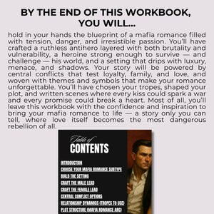 May include: A workbook titled "BY THE END OF THIS WORKBOOK, YOU WILL..." with a table of contents including topics like "Craft the Male Lead" and "Plot Structure (Mafia Romance Arc)". The cover features a man in a suit.