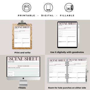 May include: Printable, digital, and fillable scene sheet templates for writers. The templates feature a wood-grain background, a white background, and a gray background with hole punches on either side.