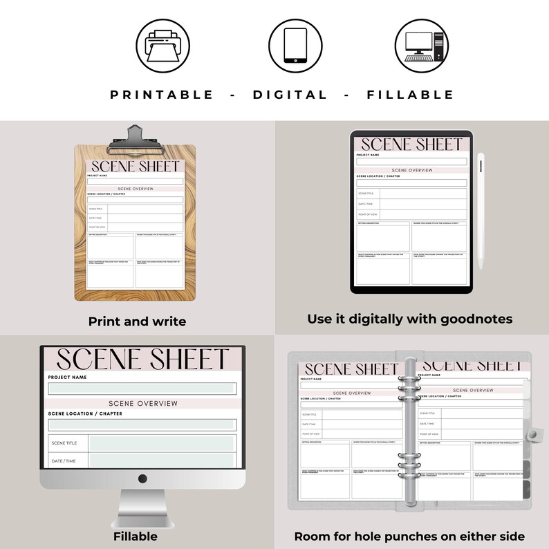 May include: Printable, digital, and fillable scene sheet templates for writers. The templates feature a wood-grain background, a white background, and a gray background with hole punches on either side.