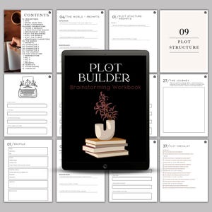 May include: A black and white digital workbook titled "Plot Builder: Brainstorming Workbook". The workbook is open to a page with a black background and a stylized illustration of a potted plant on a stack of books. The workbook is designed to help writers develop their story ideas.