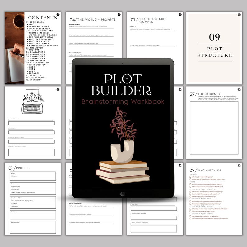 May include: A black and white digital workbook titled "Plot Builder: Brainstorming Workbook". The workbook is open to a page with a black background and a stylized illustration of a potted plant on a stack of books. The workbook is designed to help writers develop their story ideas.