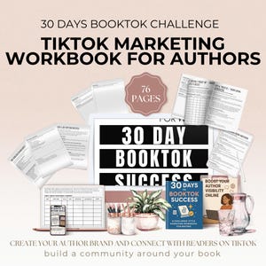 Könnte beinhalten: Ein Bild mit Marketingmaterialien für Autoren, darunter ein Arbeitsbuch, Notizbücher und ein Tablet. Der Titel "30 Days Booktok Challenge" ist deutlich sichtbar. Das Bild enthält auch ein Smartphone, Stifte und eine kleine Topfpflanze.