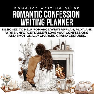 以下が含まれることがあります： 「Romantic Confession Writing Planner」というタイトルのロマンスライティングガイド。画像には、暖炉のそばに座っているカップルが描かれており、キャンドルやその他のロマンチックな要素があります。テキストには、「ロマンス作家が忘れられない「愛してる」告白や感情的な大きなジェスチャーを計画、プロット、執筆するのを支援するように設計されています」と書かれています。