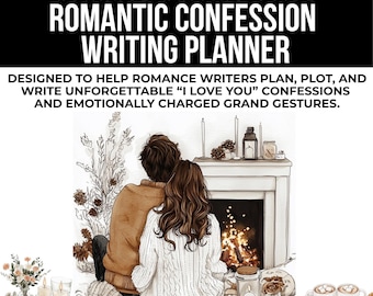 May include: A romance writing guide titled "Romantic Confession Writing Planner." The image features a couple sitting by a fireplace, with candles and other romantic elements. The text reads: "Designed to help romance writers plan, plot, and write unforgettable 'I love you' confessions and emotionally charged grand gestures."