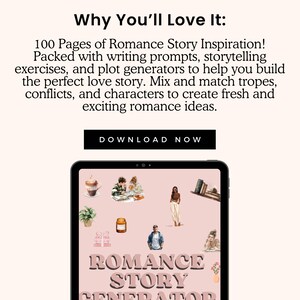Op de afbeelding: Een roze tablet-scherm dat een digitale productcover weergeeft met de tekst "Romance Story Generator" in vetgedrukte witte letters. De cover bevat illustraties van koffie, boeken en mensen. De tekst "Why You'll Love It:" wordt boven de tablet weergegeven.