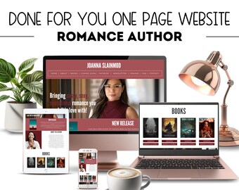 Site Web pour auteur d'histoires d'amour, auteur autoédité, page de promotion des ventes de livres, site Web One Page Canva pour écrivain d'histoires d'amour, page de destination