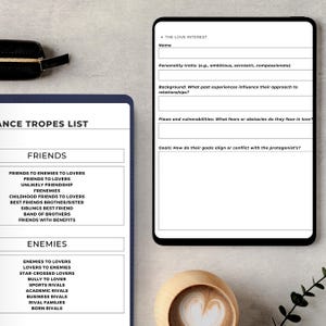 May include: A printable worksheet for writers to create a love interest character. The worksheet includes sections for the character's name, personality traits, background, flaws, and goals.