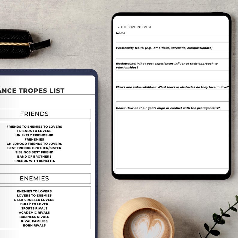 May include: A printable worksheet for writers to create a love interest character. The worksheet includes sections for the character's name, personality traits, background, flaws, and goals.