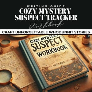 May include: A blue and gold book titled "Cozy Mystery Suspect Tracker Workbook" with a vintage design. The book is lying open on a wooden table with a magnifying glass, a pen, and other writing supplies.