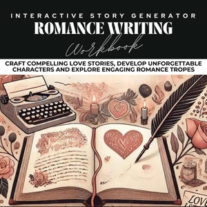 May include: An illustration of a vintage typewriter, an open book with a heart drawn on the page, a quill pen, and candles. The text "Interactive Story Generator Romance Writing Workbook" is at the top of the image. The text "Craft compelling love stories, develop unforgettable characters and explore engaging romance tropes" is below the title.