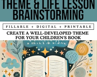 Könnte beinhalten: Ein druckbares Arbeitsblatt mit einem bunten Hintergrund mit Sternen und einem Buch mit einem Bleistift. Der Text auf dem Arbeitsblatt lautet "Theme & Life Lesson Brainstorming. Fillable + Digital + Printable. Create a well-developed theme for your children's book."