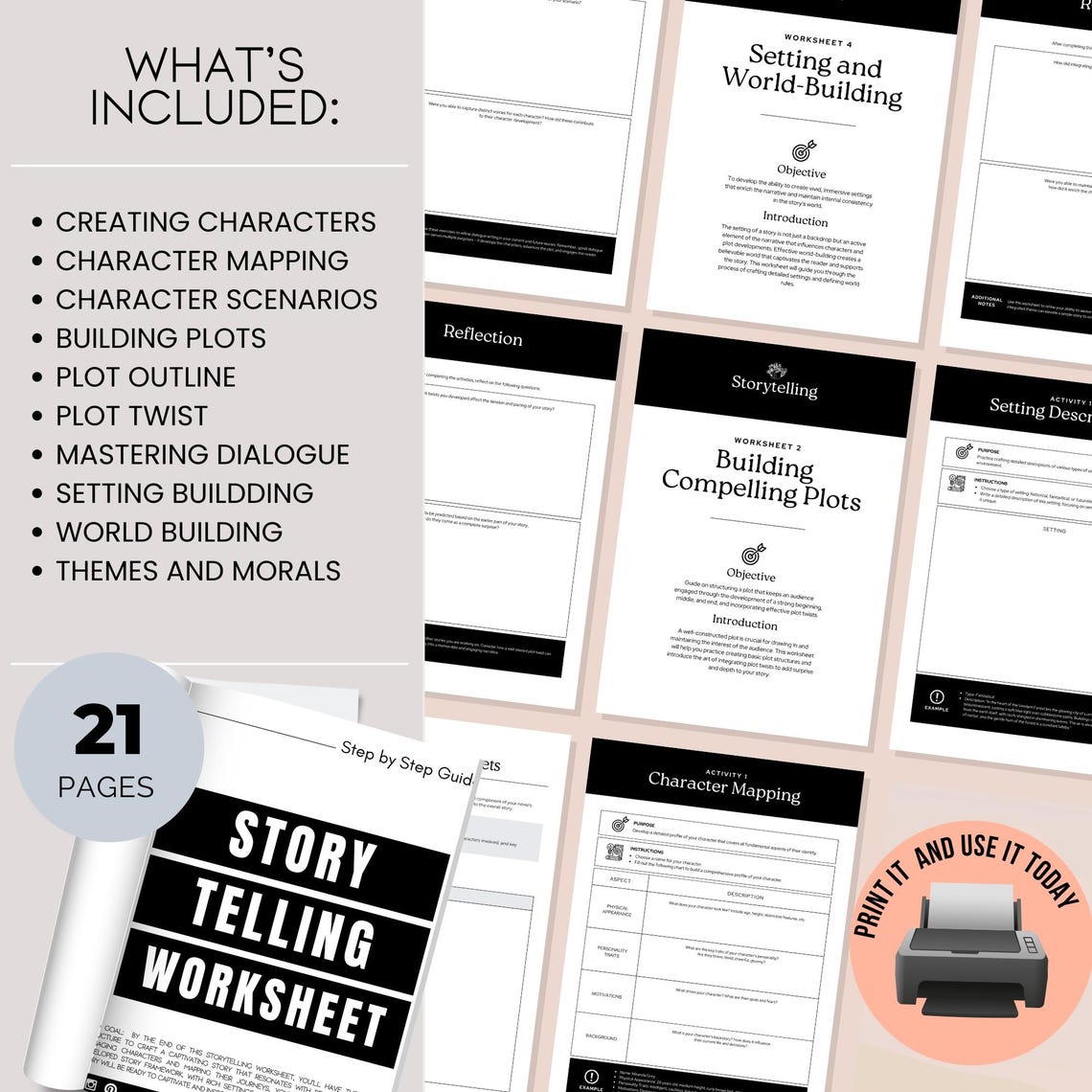 Printable Story Telling Planner, Novel Writing Workbook, Plot Outline ...