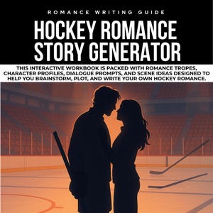 May include: A book cover with the title "HOCKEY ROMANCE STORY GENERATOR" in large white letters. The cover features a silhouette of a couple on an ice hockey rink, with hockey sticks in the background. The text below reads: "THIS INTERACTIVE WORKBOOK IS PACKED WITH ROMANCE TROPES..."
