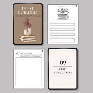 May include: A printable workbook titled "Plot Builder: Brainstorming Workbook" with a brown background and a drawing of a potted plant and books. The workbook is designed to help writers brainstorm and develop their plot.