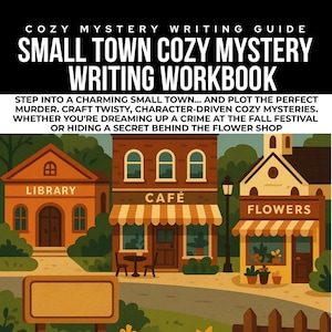Könnte beinhalten: Illustrierter Leitfaden für Cozy-Mystery-Autoren. Das Bild zeigt eine Kleinstadt-Szene mit Bibliothek, Café und Blumenladen. Der Text lautet "Small Town Cozy Mystery Writing Workbook."