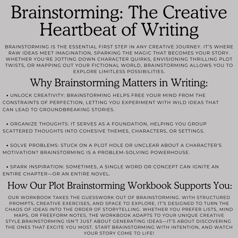 May include: Brainstorming: The Creative Heartbeat of Writing. A text-based image with a white background and black text. The text describes the importance of brainstorming in the creative writing process. It highlights how brainstorming helps unlock creativity, organize thoughts, solve problems, and spark inspiration.