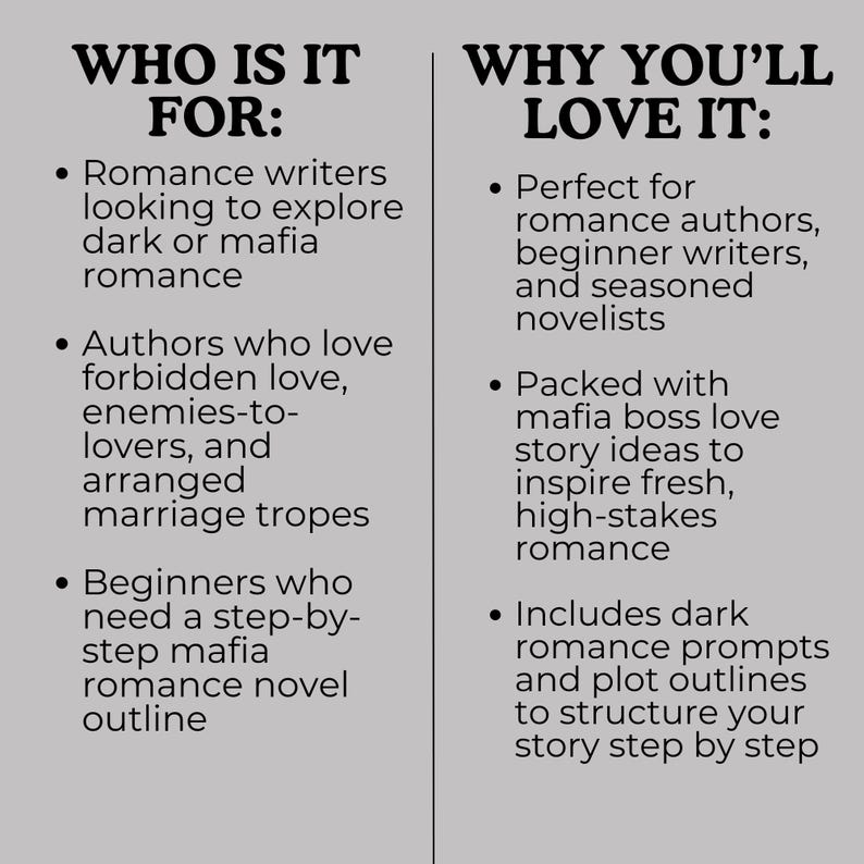May include: A graphic with the text "WHO IS IT FOR" and "WHY YOU'LL LOVE IT". The text describes the product as being for romance writers, authors, and beginners. It includes mafia romance ideas and dark romance prompts.
