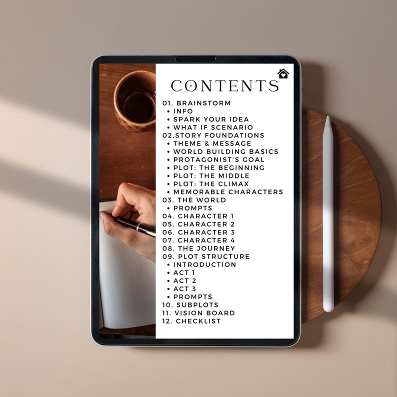 May include: A digital tablet displaying a list of contents for a story writing guide. The list includes brainstorming, story foundations, character development, plot structure, and more.
