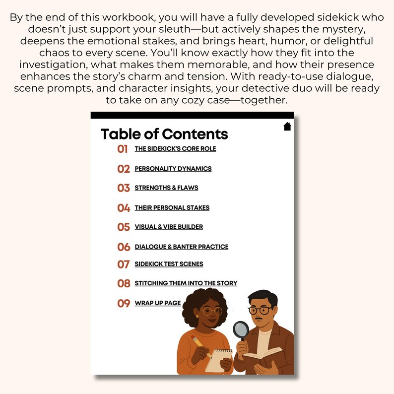 May include: A workbook titled "Table of Contents" with sections on sidekicks in storytelling. The image includes illustrations of a woman with glasses writing and a man with glasses holding a magnifying glass and a book.