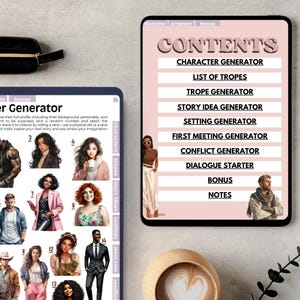 Op de afbeelding: Een roze digitale planner met de tekst "CONTENTS" in zwart. De planner bevat een lijst met functies zoals een personagegenerator, tropegenerator, verhaalideegenerator, settinggenerator, first meeting generator, conflictgenerator, dialoogstarter, bonus en notities. De planner bevat ook illustraties van mensen.