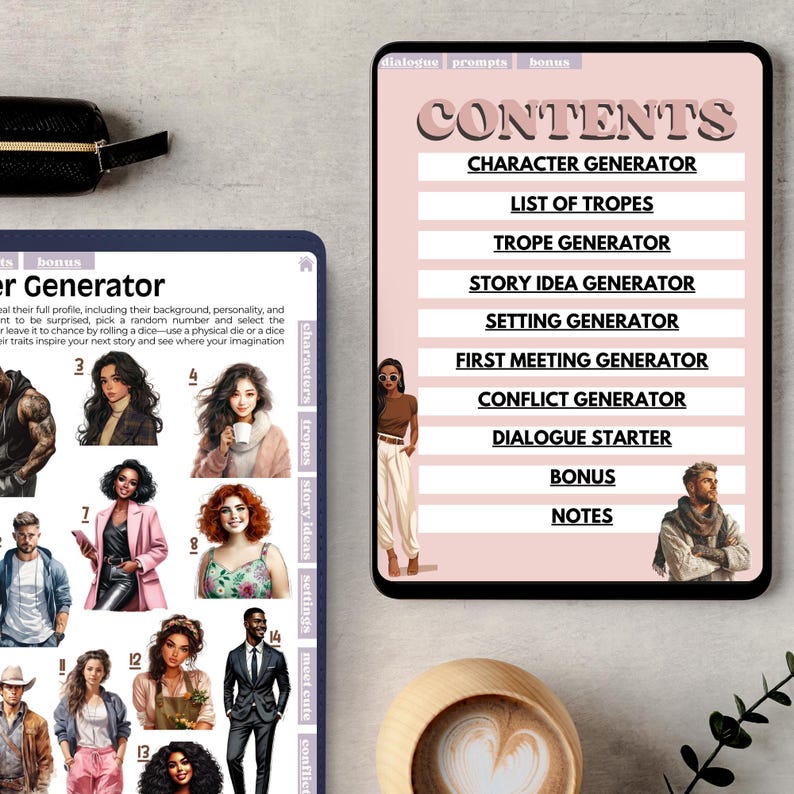 Op de afbeelding: Een roze digitale planner met de tekst "CONTENTS" in zwart. De planner bevat een lijst met functies zoals een personagegenerator, tropegenerator, verhaalideegenerator, settinggenerator, first meeting generator, conflictgenerator, dialoogstarter, bonus en notities. De planner bevat ook illustraties van mensen.