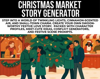 May include: Illustration of a Christmas market scene with text: "Romance Writing Guide Christmas Market Story Generator." People in winter coats walk past market stalls and a decorated Christmas tree. The image promotes festive romance writing.