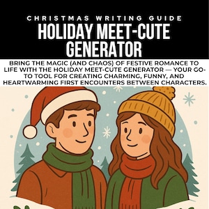 May include: An illustration for a Christmas writing guide. The image features a couple wearing winter attire, with the text "HOLIDAY MEET-CUTE GENERATOR" at the top. The guide promises to help create charming, funny, and heartwarming first encounters.