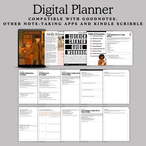 May include: A digital planner with the text "Digital Planner" and "Compatible with Goodnotes." The planner includes a "Bookshop" image and pages titled "Sidekick Creator Guide Workbook" and "Their Personal Stakes."