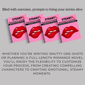 May include: Four pink and red book covers with the title "STEAMY" and the words "Romance Writing" in white text. The covers feature different sub-titles: "Setting Based Prompts", "Tropes & Dynamics", "Forbidden Scenarios", and "Fantasy & Paranormal".