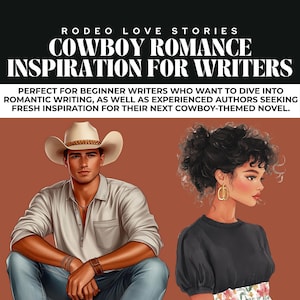 May include: Illustration for "Cowboy Romance Inspiration for Writers" with a cowboy and woman. The text reads "Rodeo Love Stories" and "Cowboy Romance Inspiration for Writers". The image is for writers seeking inspiration for cowboy-themed novels.