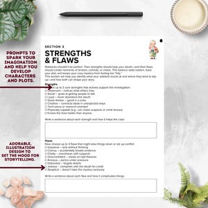 May include: A white paper with text about character strengths and flaws for storytelling. The text includes prompts to spark imagination and develop characters and plots. An adorable illustration design sets the mood.