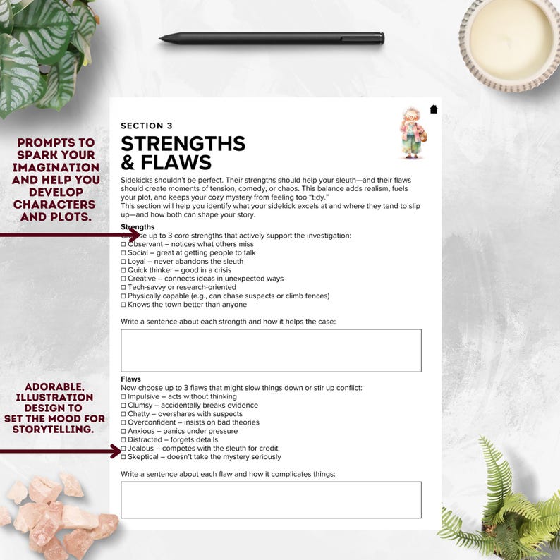May include: A white paper with text about character strengths and flaws for storytelling. The text includes prompts to spark imagination and develop characters and plots. An adorable illustration design sets the mood.