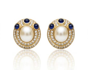 Vintage CINER Signed Gold-Tone Clip Earrings — Faux Mabe Pearl, Sapphire Cabochons & Pavé Crystal Rhinestones, 1980s Hollywood Regency