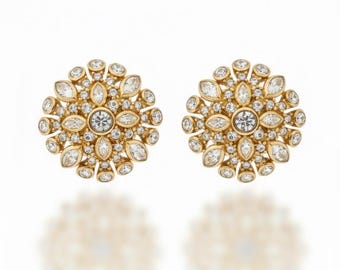 Vintage Christian Dior Signed Gold Tone Pave Crystal Sunburst Cluster Clip-On Earrings | 1970s–80s Runway Couture Statement Jewelry