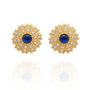 Vintage David Dubin NR Signed 1980-90s Sunburst Earings| Matte Gold Tone, Blue Cabochon & Clear Rhinestones | Designer Costume Jewelry Pin image 1