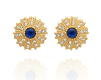Vintage David Dubin NR Signed 1980-90s Sunburst Earings| Matte Gold Tone, Blue Cabochon & Clear Rhinestones | Designer Costume Jewelry Pin