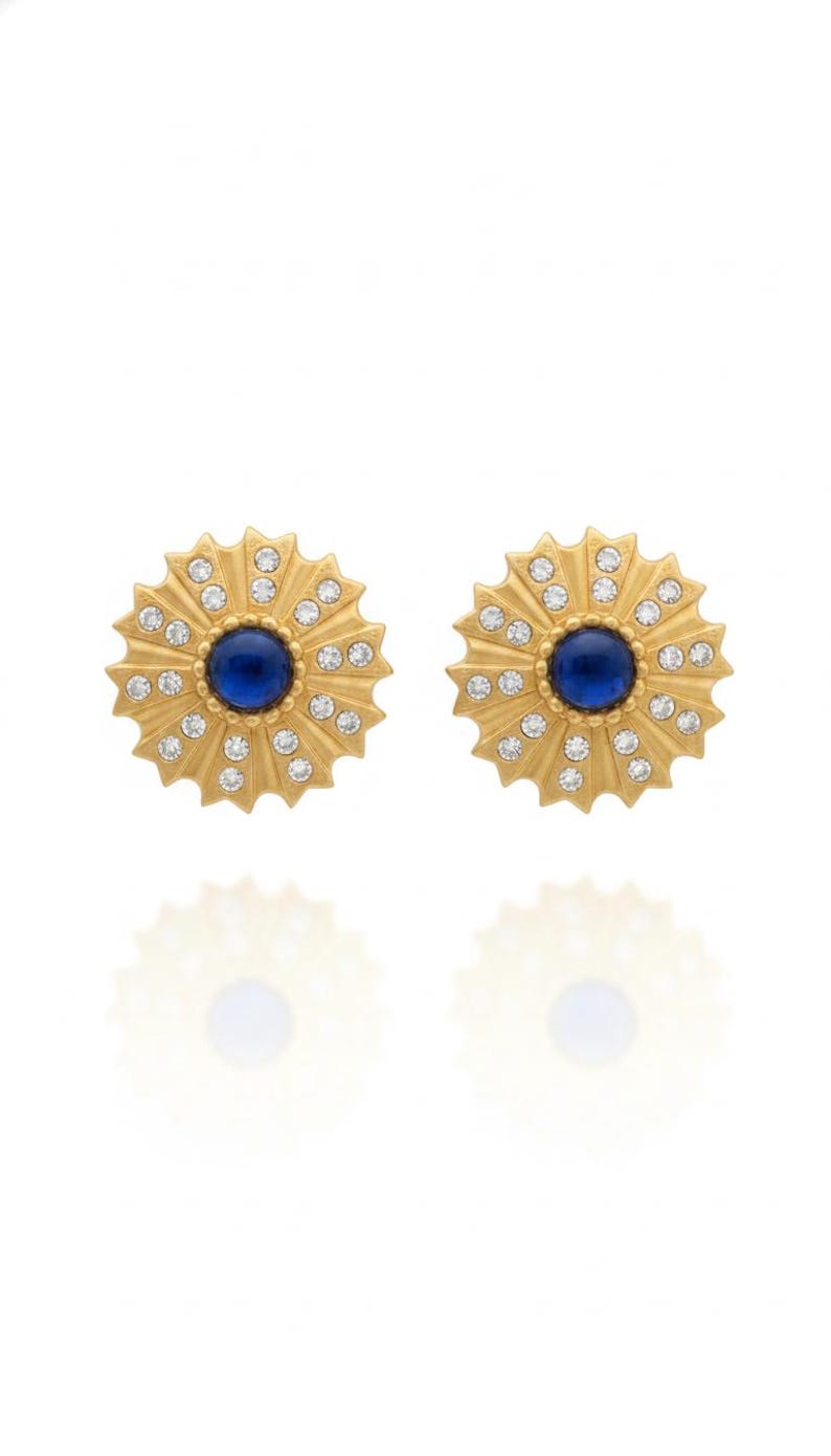 Vintage David Dubin NR Signed 1980-90s Sunburst Earings| Matte Gold Tone, Blue Cabochon & Clear Rhinestones | Designer Costume Jewelry Pin image 1
