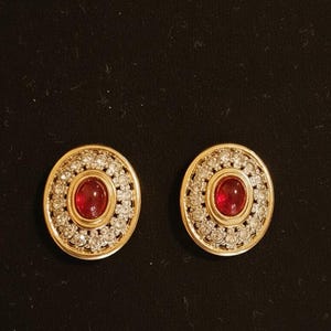 Vintage 1980s Unsigned Gold-Tone Round Clip Earrings | Ruby Red Glass Cabochon & Clear Pavé Rhinestone Halo | Glamour Button Clips image 2