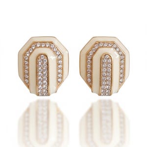 Vintage CINER Signed Cream Enamel & Pavé Crystal Clip-On Earrings | Art Deco Revival | Gold Tone | 1980s Costume Jewelry image 1