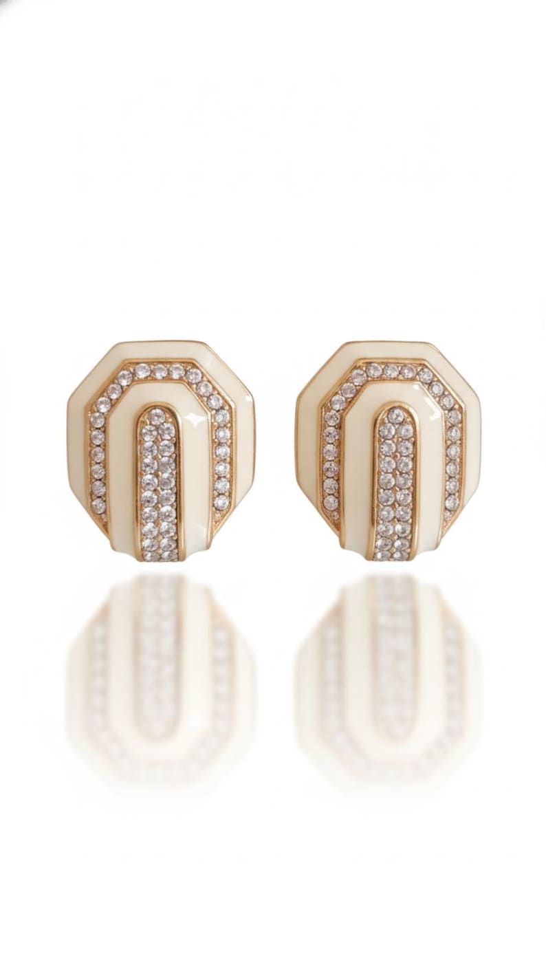 Vintage CINER Signed Cream Enamel & Pavé Crystal Clip-On Earrings | Art Deco Revival | Gold Tone | 1980s Costume Jewelry image 1