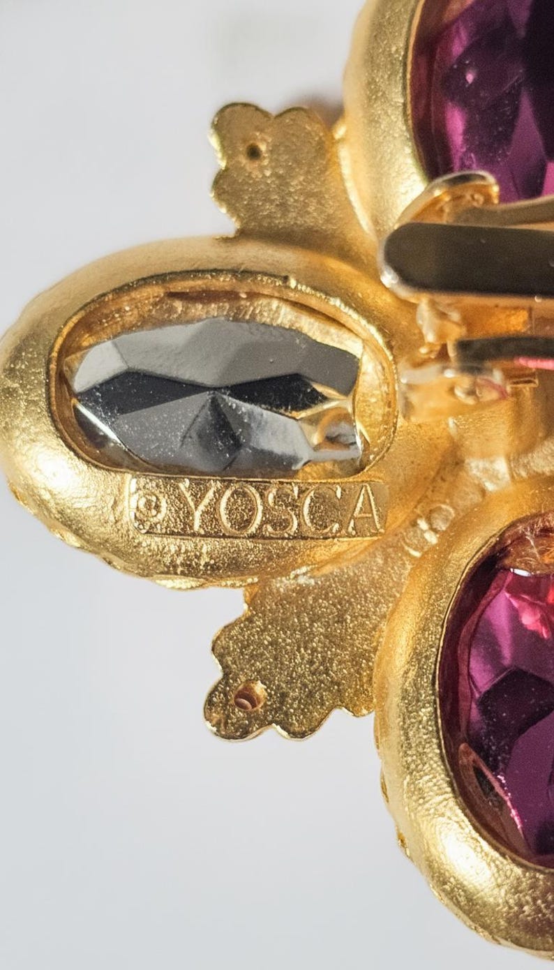 Pendientes de clip florales vintage de GERARD YOSCA / Joyería llamativa de los años 80-90 / Flor de cristal cabujón de amatista y vidrio rosa / Firmados YOSCA Go imagen 4