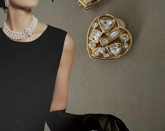 Pendientes de clip vintage dorados con corazón de cristal de Swarovski firmados