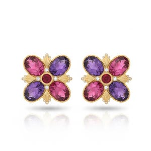 Pendientes de clip florales vintage de GERARD YOSCA / Joyería llamativa de los años 80-90 / Flor de cristal cabujón de amatista y vidrio rosa / Firmados YOSCA Go imagen 1
