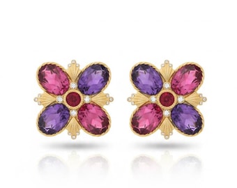 Vintage GERARD YOSCA Floral Clip-On Earrings | 1980s–90s Statement Jewelry | Amethyst & Pink Glass Cabochon Crystal Flower | Signed YOSCA Go