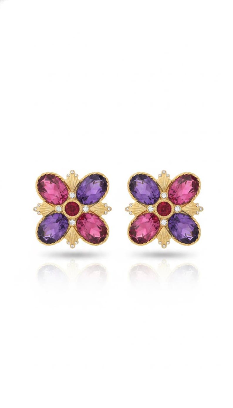 Pendientes de clip florales vintage de GERARD YOSCA / Joyería llamativa de los años 80-90 / Flor de cristal cabujón de amatista y vidrio rosa / Firmados YOSCA Go imagen 1