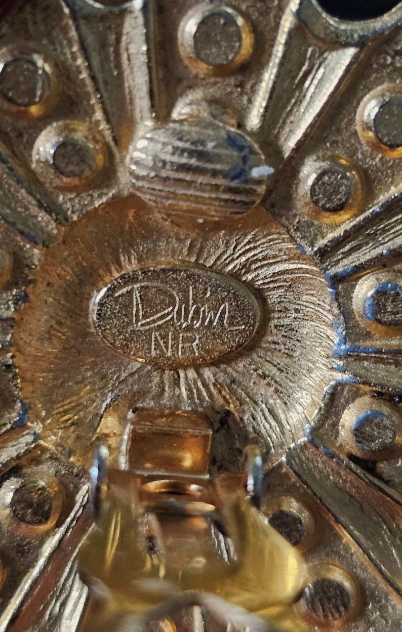 Vintage David Dubin NR Signed 1980-90s Sunburst Earings| Matte Gold Tone, Blue Cabochon & Clear Rhinestones | Designer Costume Jewelry Pin image 3