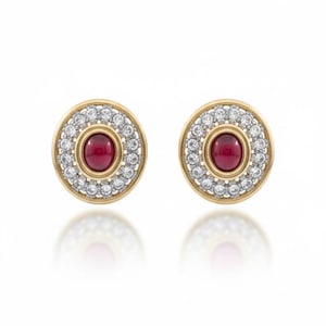 Vintage 1980s Unsigned Gold-Tone Round Clip Earrings | Ruby Red Glass Cabochon & Clear Pavé Rhinestone Halo | Glamour Button Clips image 1